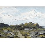 MARTIN LLEWELYN oil on canvas - mountains under blue sky, entitled verso 'Rhyd Ddu Path, Snowdonia',