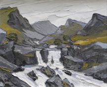 DAVID BARNES oil on board - rocky mountain stream, entitled verso 'Above Aber', signed with