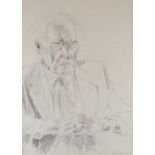 WILL ROWLANDS pencil - half-portrait of R S Thomas from a portrait sitting, signed, 49 x 36cms
