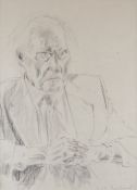 WILL ROWLANDS pencil - half-portrait of R S Thomas from a portrait sitting, signed, 49 x 36cms