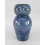 EWENNY POTTERY OWL JUG in mottled blue glaze, gourd shape with loop handle, the upper section in the