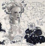 CLIVE HICKS-JENKINS Indian ink, wash and silver paint - half-portrait of a lady with poetry by