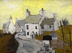 GWILYM PRICHARD oil on board - lane with white washed cottages, entitled verso 'Welsh Cottages,