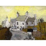 GWILYM PRICHARD oil on board - lane with white washed cottages, entitled verso 'Welsh Cottages,