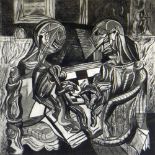 MERLYN EVANS etching and aquatint - two opposing cynically grinning figures, entitled verso 'The
