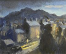 GARETH PARRY oil on board - figures in a street at night, entitled verso 'Sgwrs ar ol iddi gau / A