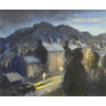 GARETH PARRY oil on board - figures in a street at night, entitled verso 'Sgwrs ar ol iddi gau / A