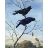 CHARLES FREDERICK TUNNICLIFFE OBE RA early career watercolour - study of two crows in branches,