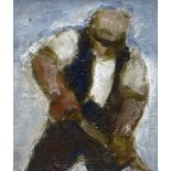 WILL ROBERTS oil on board - figure in waistcoat working with spade, signed with initials, 16.5 x