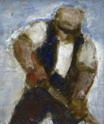 WILL ROBERTS oil on board - figure in waistcoat working with spade, signed with initials, 16.5 x