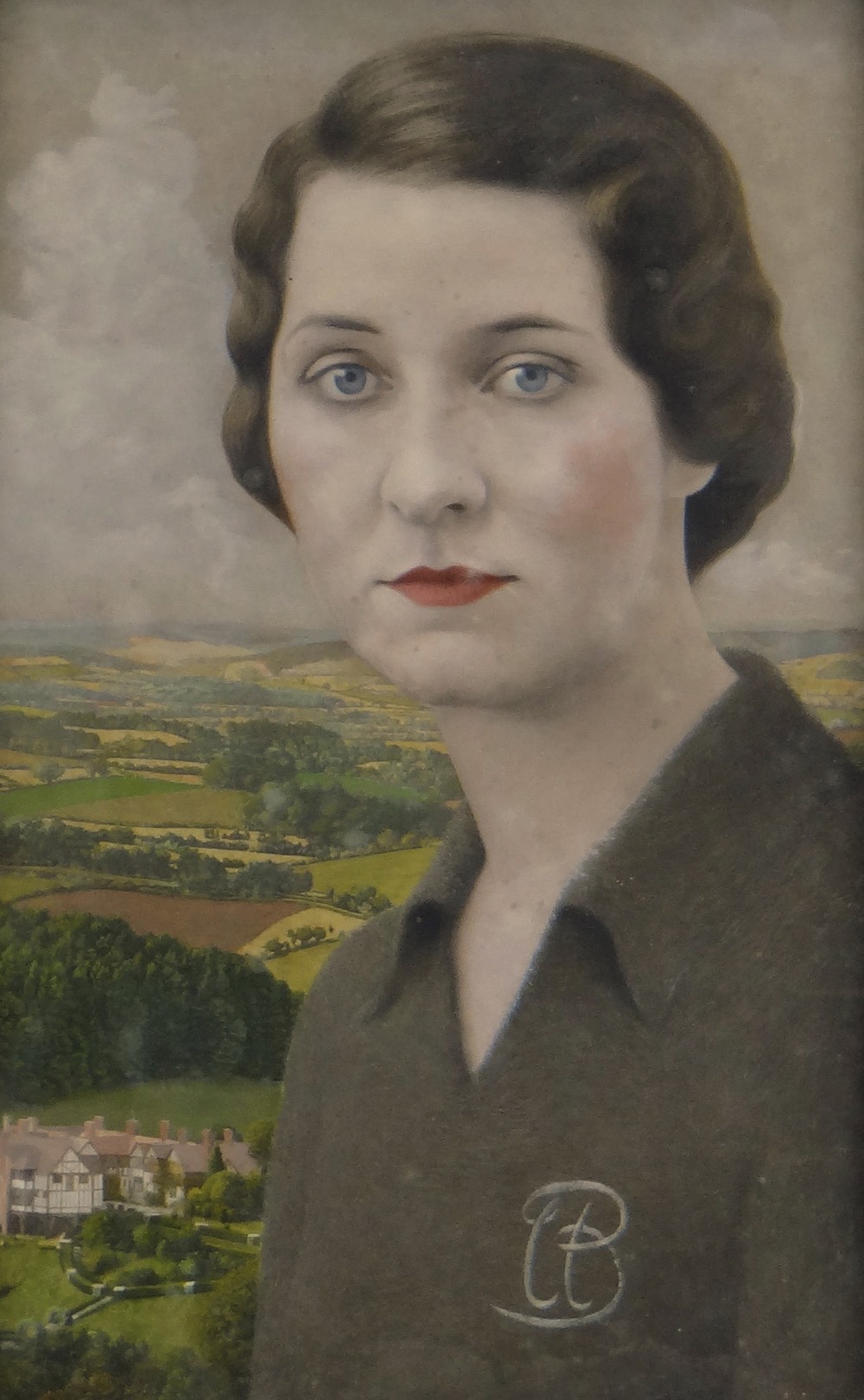 BRITISH SCHOOL mixed media - head and shoulders portrait of a lady with landscape and house