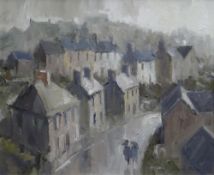 GARETH PARRY oil on canvas - rainy street scene with two figures, entitled verso 'Mi Fydd Paned yn