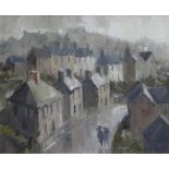 GARETH PARRY oil on canvas - rainy street scene with two figures, entitled verso 'Mi Fydd Paned yn