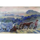 NOEL McCREADY mixed media - figures with horses on a hillside, unsigned, 57 x 79cms (mounted to