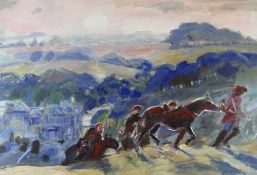 NOEL McCREADY mixed media - figures with horses on a hillside, unsigned, 57 x 79cms (mounted to