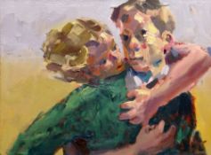 KEVIN SINNOTT oil on panel - two figures in an embrace, entitled verso on Martin Tinney Gallery