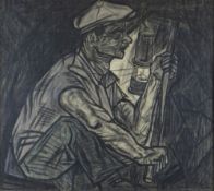 MERLYN EVANS ATTR. pastel - crouched mine worker in peak cap with lamp, unsigned, 62 x 70cms