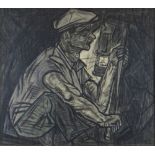 MERLYN EVANS ATTR. pastel - crouched mine worker in peak cap with lamp, unsigned, 62 x 70cms