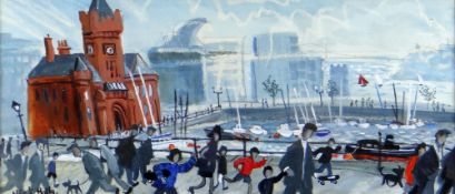 NICK HOLLY mixed media - figures walking with the Pier Head building and view across Cardiff Bay