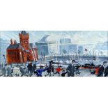 NICK HOLLY mixed media - figures walking with the Pier Head building and view across Cardiff Bay