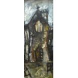 MICHAEL MONAGHAN oil on board - west front view of church with entrance door, entitled verso 'St