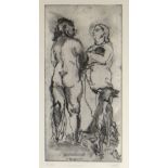SARAH HOPE limited edition (2/50) etching - figures and seated dog, entitled 'Y Gwragedd (The