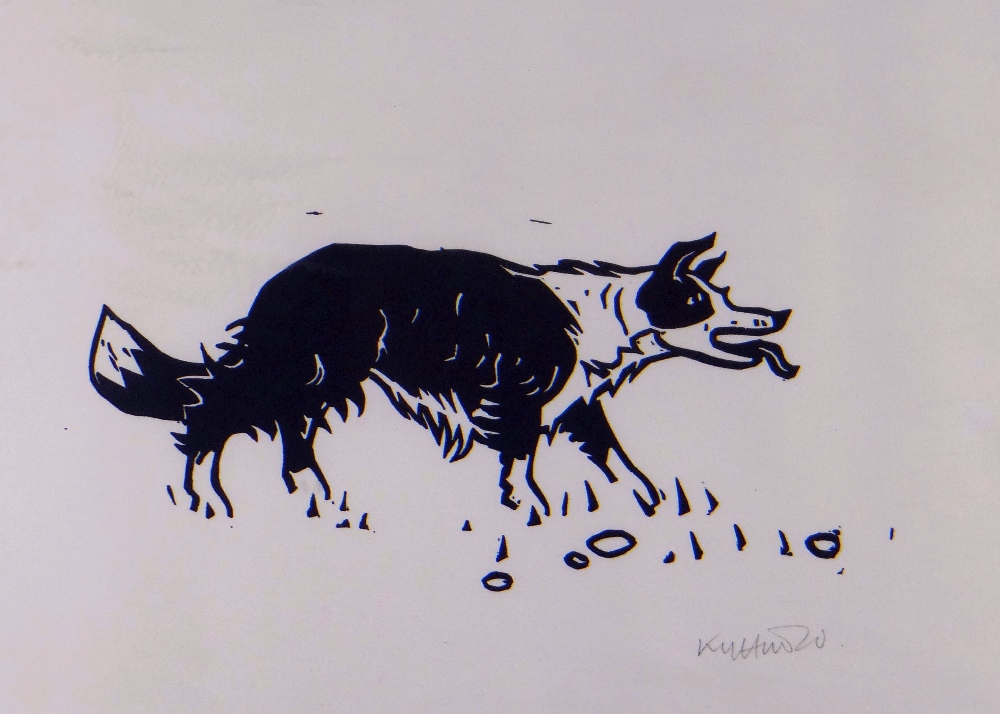 SIR KYFFIN WILLIAMS RA linocut - prowling sheep dog, signed fully in pencil, 24 x 36cms