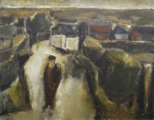 WILL ROBERTS oil on canvas - expansive scene with standing figure on farm-lane with farm buildings