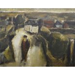 WILL ROBERTS oil on canvas - expansive scene with standing figure on farm-lane with farm buildings