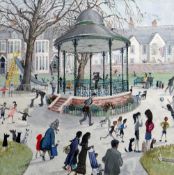 NICK HOLLY oil on canvas - busy Cardiff park scene with bandstand, entitled verso 'Grange