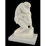 PAN THEODOSIOU stoneware sculpture - two figures embracing, mounted to a rectangular stoneware base,