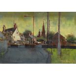 HYWEL HARRIES oil on board - entitled verso 'Llanrhystud', with artist's address verso and label for