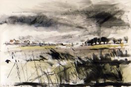 JOHN KNAPP-FISHER watercolour - windy bleak landscape with village in the distance, signed and dated