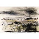 JOHN KNAPP-FISHER watercolour - windy bleak landscape with village in the distance, signed and dated