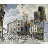 WILL EVANS watercolour - historical 1941 Swansea blitz scene with bomb damage and debris on Wind