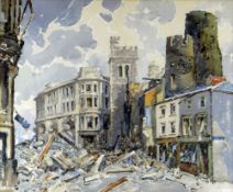 WILL EVANS watercolour - historical 1941 Swansea blitz scene with bomb damage and debris on Wind