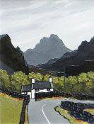 DAVID BARNES oil on board - white washed roadside cottage with Snowdon in the background, entitled