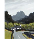 DAVID BARNES oil on board - white washed roadside cottage with Snowdon in the background, entitled