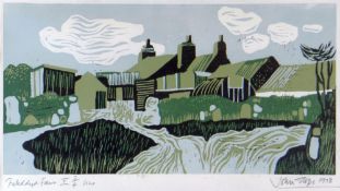 JOHN STOPS linocut (3/4) - Pembrokeshire farm buildings and barn, entitled 'Treleddyd Fawr V',