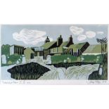 JOHN STOPS linocut (3/4) - Pembrokeshire farm buildings and barn, entitled 'Treleddyd Fawr V',