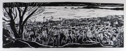 WITHDRAWN - S HAUS (?) limited edition (15/50) woodcut - panoramic view of Swansea Town and Bay, en