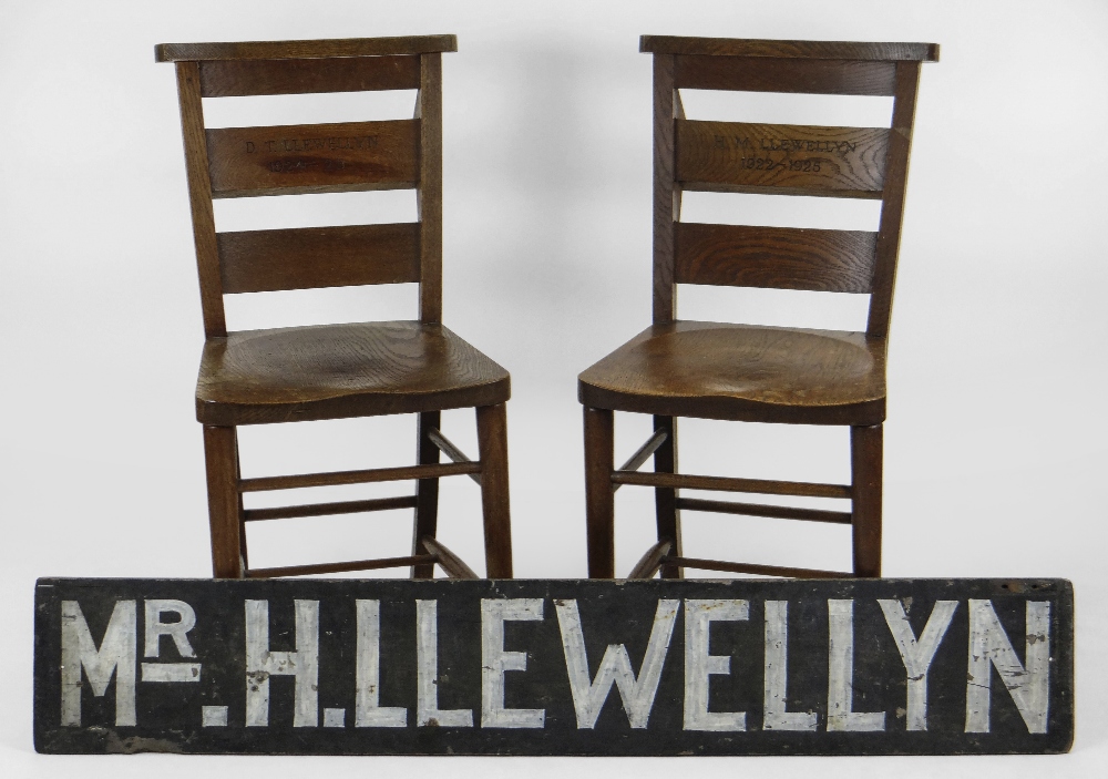 ITEMS RELATING TO LT COL SIR HARRY LLEWELLYN CBE comprising a pair of oak chapel chairs from his