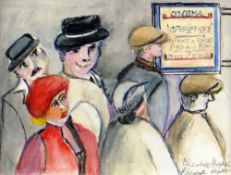 ELIZABETH HOPKIN mixed media - figures, entitled verso 'Astoria Cinema, Ystradgynlais - Flirt in the