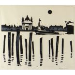 SIR KYFFIN WILLIAMS RA linocut - Venice with buildings and boats, signed fully in pencil, 28 x