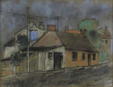 JACK JONES pastel - cottage on street with telegraph pole, signed and dated 1968, 14 x 18cms