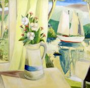 EMRYS WILLIAMS oil on canvas - jug with flowers and sailboat on water in background, entitled '