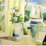 EMRYS WILLIAMS oil on canvas - jug with flowers and sailboat on water in background, entitled '