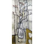 GWILYM PRICHARD oil on board - still-life of a vase of flowering thorns, signed, 76 x 34cms