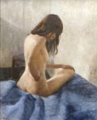 DAVID KNIGHT oil on board - life study of a female nude, entitled verso 'Blue Velvet', signed, 45