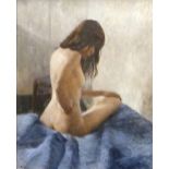 DAVID KNIGHT oil on board - life study of a female nude, entitled verso 'Blue Velvet', signed, 45